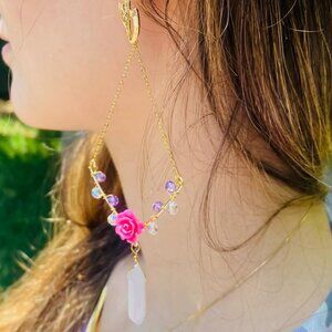 Rose quartz earrings- gemstone threaders- chain earrings- Flower dangle earrings
